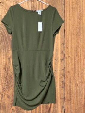 Planet Gold Olive Short Sleeve Ruched Sheath Dress
